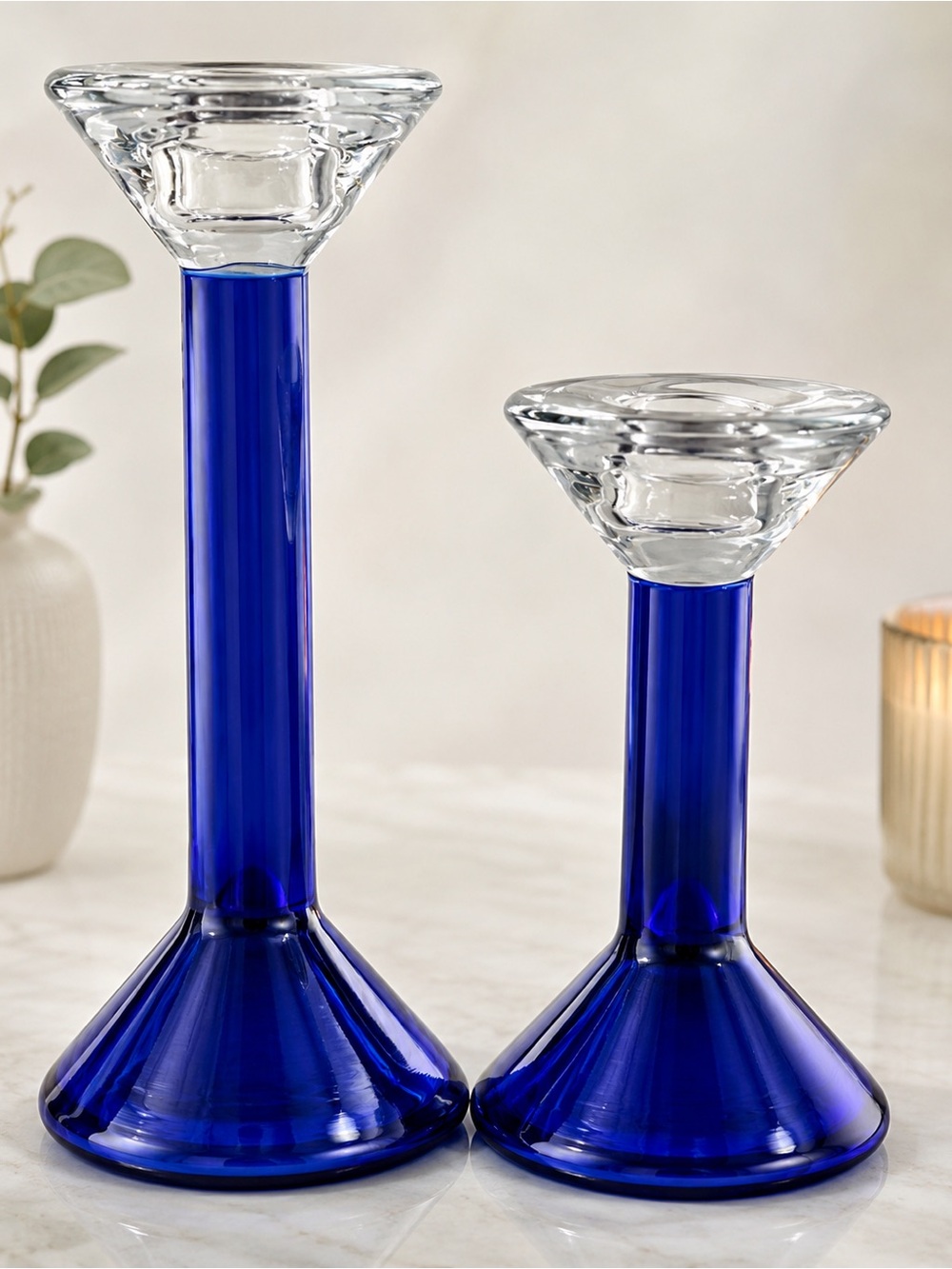 Sleek Cobalt Blue Glass Candle Holders